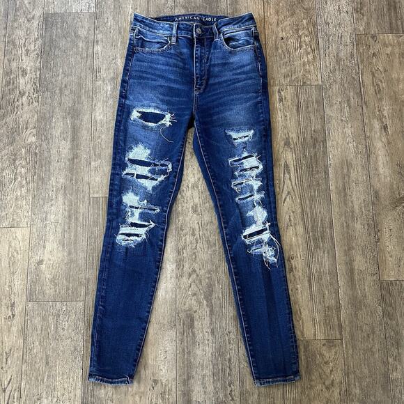 American Eagle SUPER HI RISE JEGGING Size 8 Distressed Jeans Denim Pants 27x28 - Picture 1 of 11